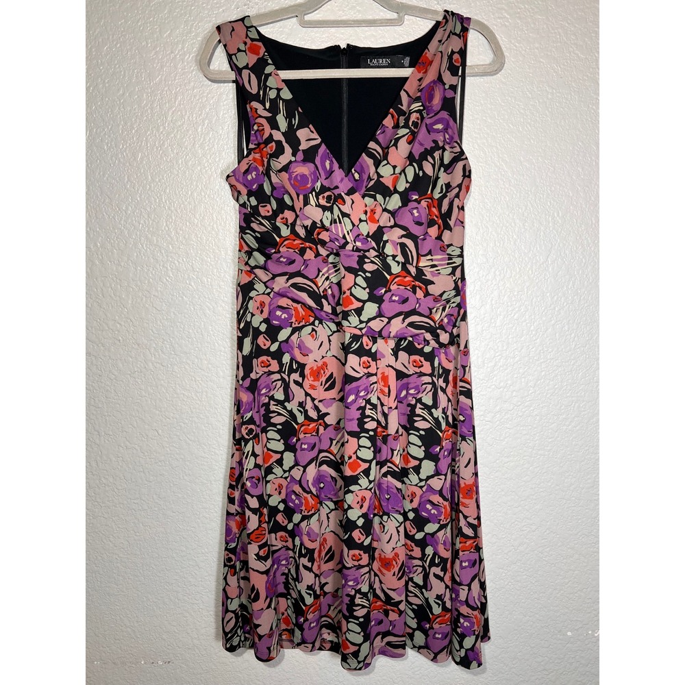 Lauren Ralph Lauren Black Label‎ Floral Print Sleeveless Dress Purple Pink Black